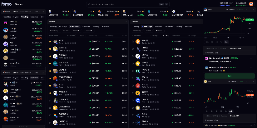 The new fomo web Discover page with live token tables and charts